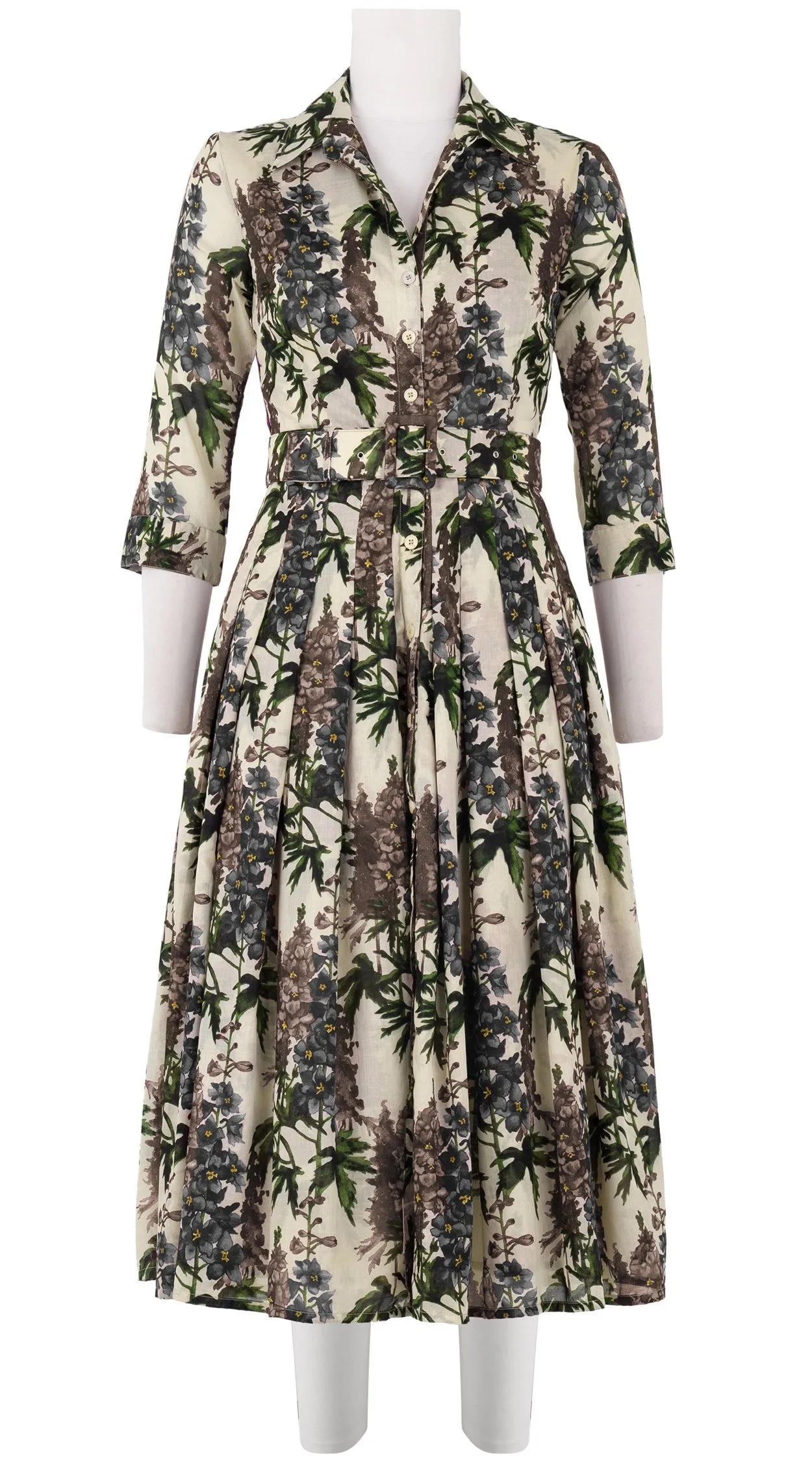 Audrey Dress #4 Shirt Collar 3/4 Sleeve Midi Length Cotton Musola (Campanula Flower)