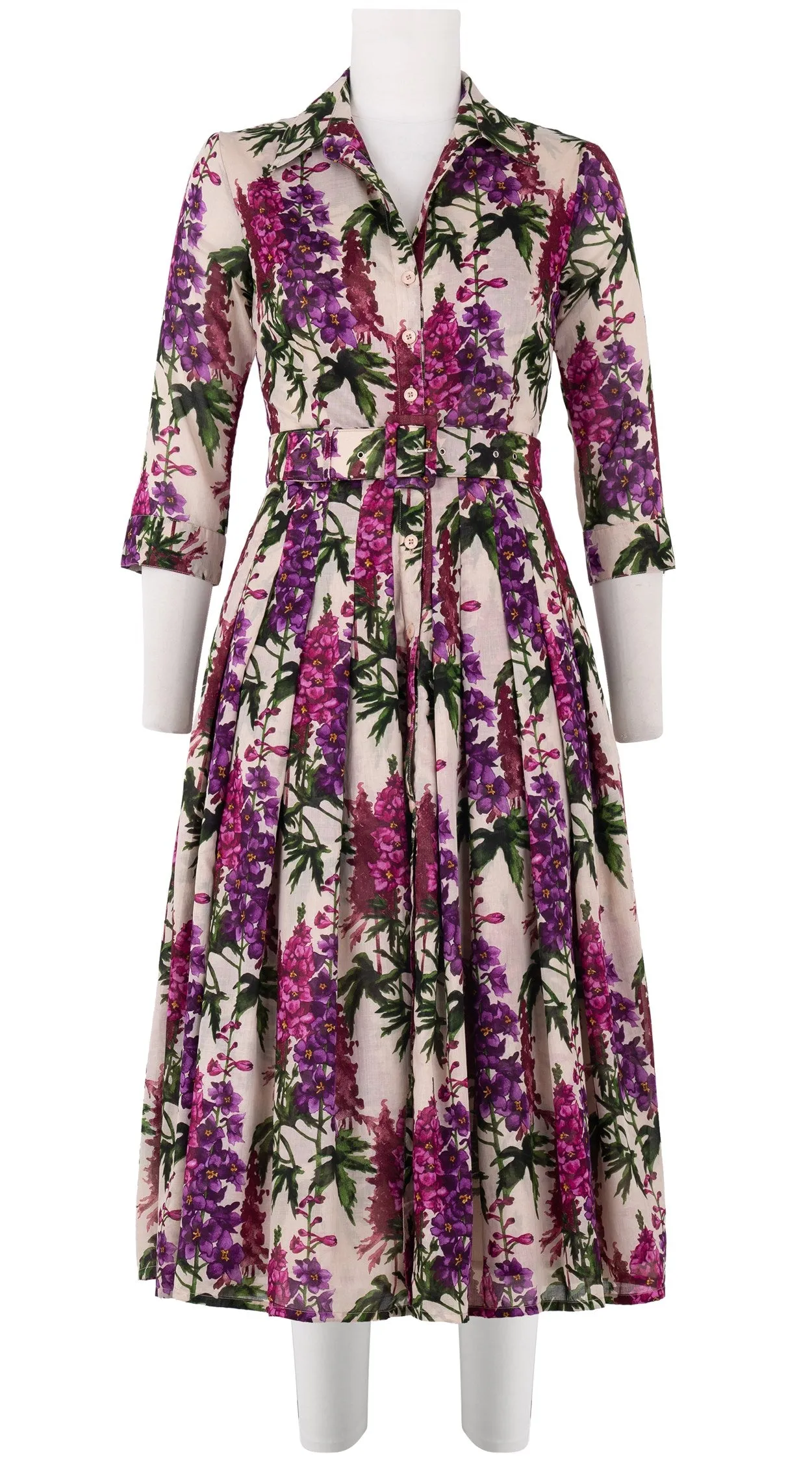 Audrey Dress #4 Shirt Collar 3/4 Sleeve Midi Length Cotton Musola (Campanula Flower)