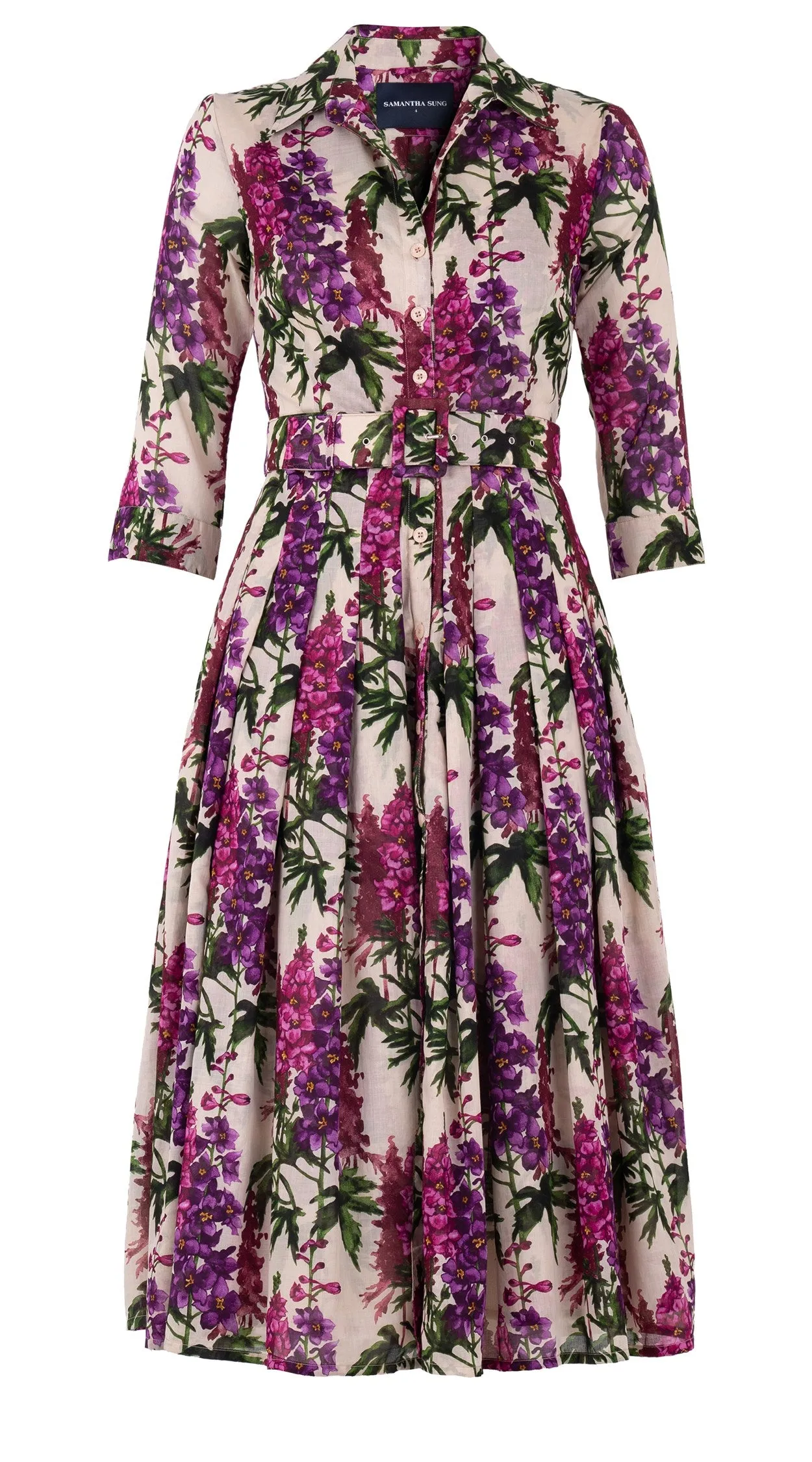 Audrey Dress #4 Shirt Collar 3/4 Sleeve Midi Length Cotton Musola (Campanula Flower)