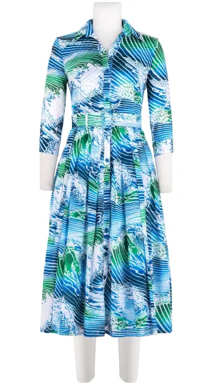 Audrey Dress #4 Shirt Collar 3/4 Sleeve Midi Length Cotton Musola (Pacific Wave)