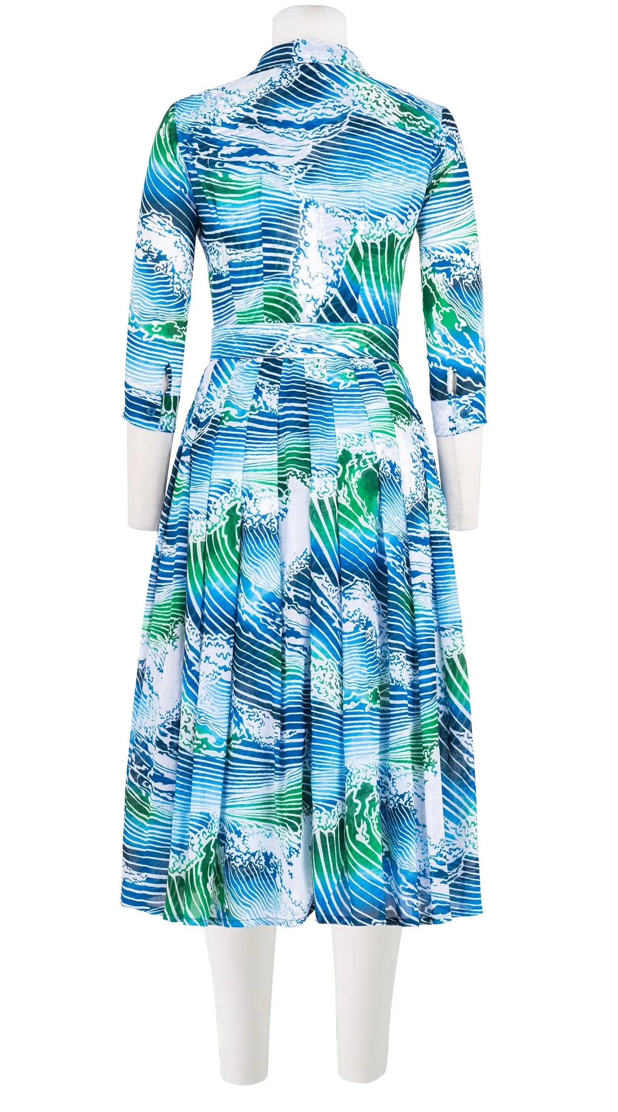 Audrey Dress #4 Shirt Collar 3/4 Sleeve Midi Length Cotton Musola (Pacific Wave)