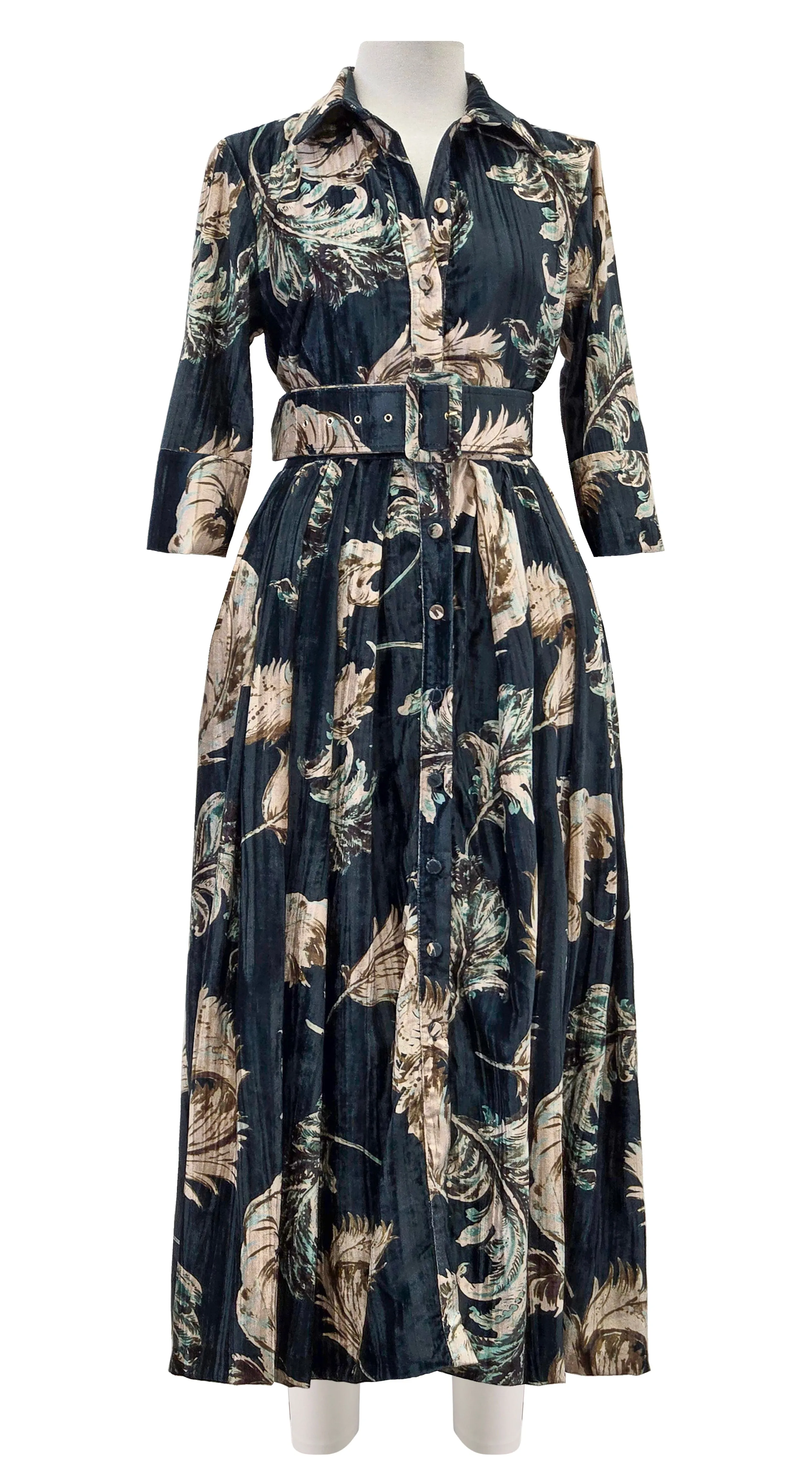 Audrey Dress #4 Shirt Collar 3/4 Sleeve Midi Length Velvet Vicose (Feather Lightness Dark)