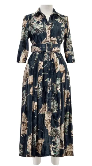 Audrey Dress #4 Shirt Collar 3/4 Sleeve Midi Length Velvet Vicose (Feather Lightness Dark)