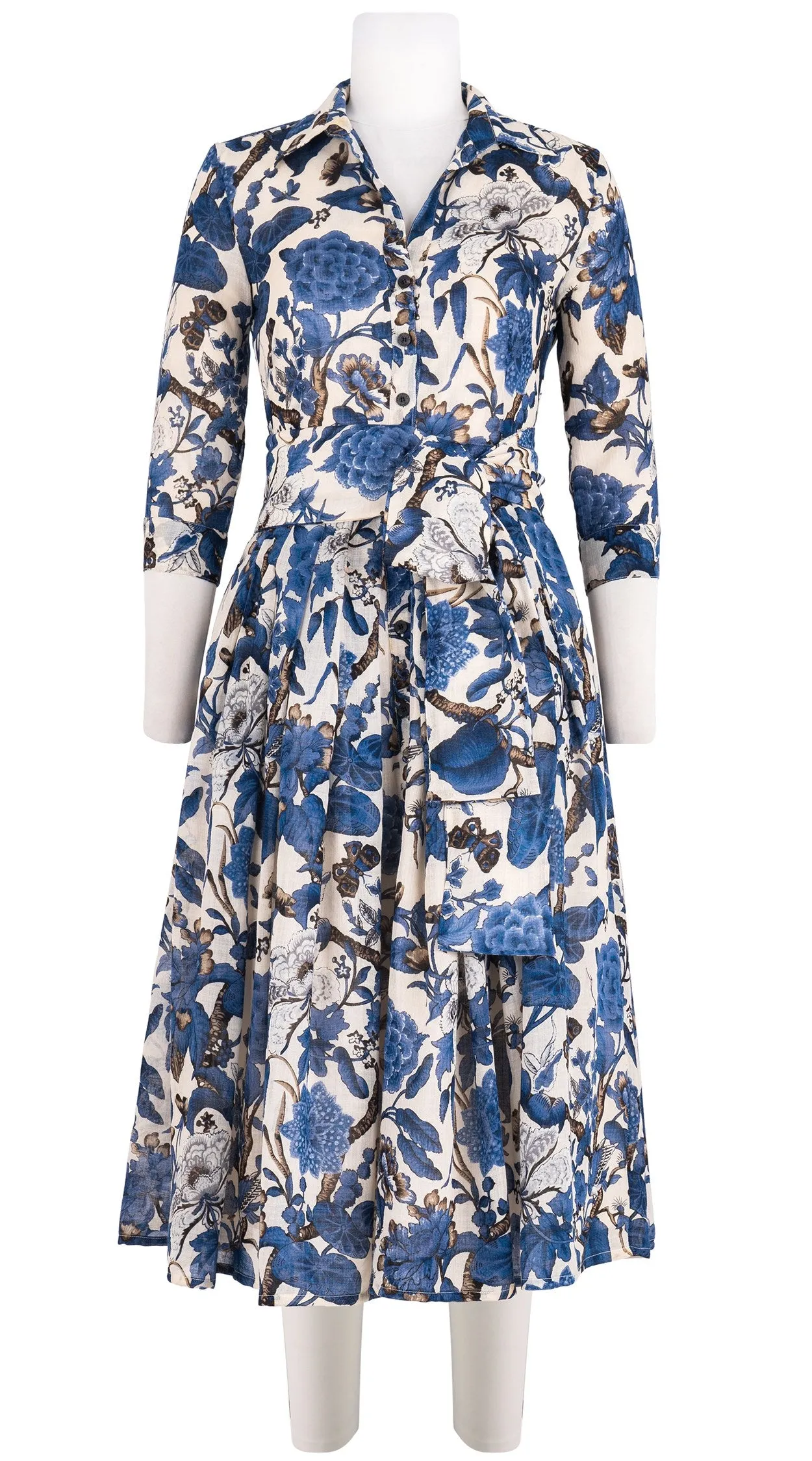 Audrey Dress #4 Shirt Collar 3/4 Sleeve Midi Plus Length Wool Musola (Hill Garden)