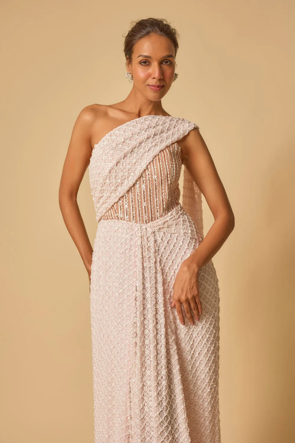 Baby Pink Heavy Embroidered Corset Pre-Stitched Gown Saree