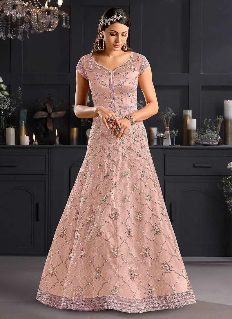 Baby Pink Heavy Floral Embroidered Kalidar Gown Style Anarkali