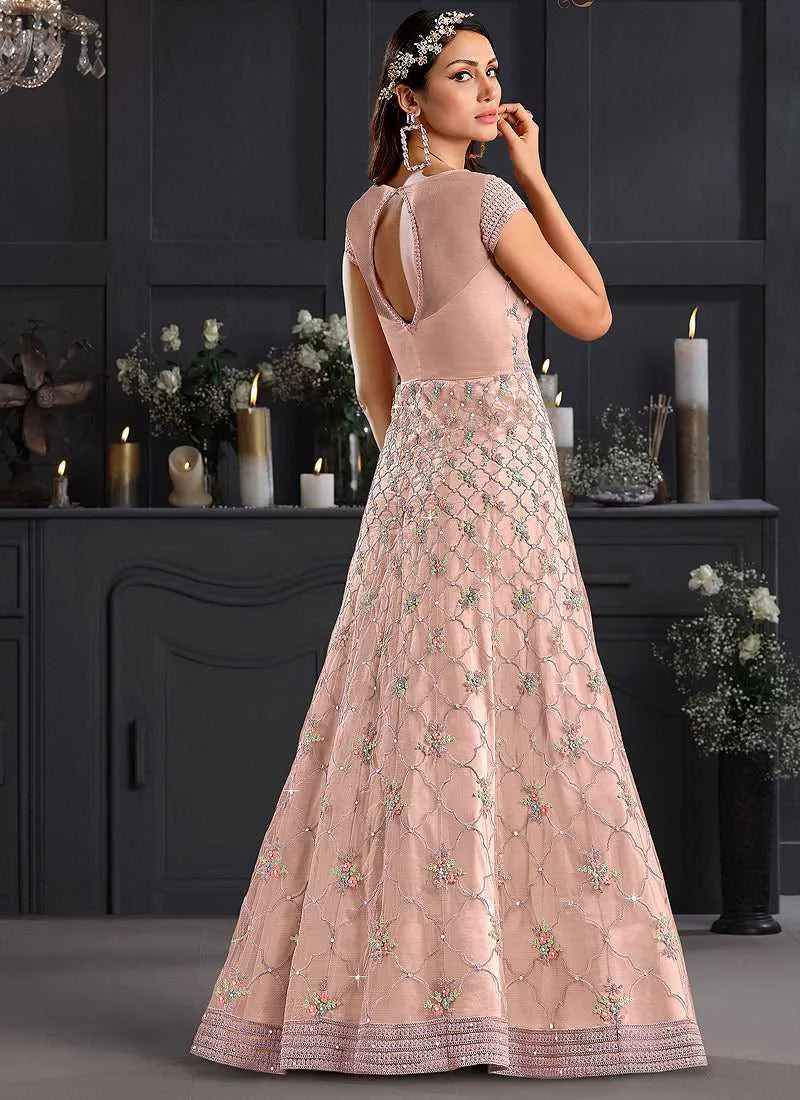 Baby Pink Heavy Floral Embroidered Kalidar Gown Style Anarkali
