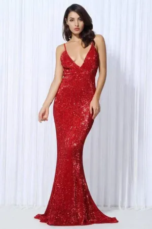Backless Red Sequin Maxi Dress