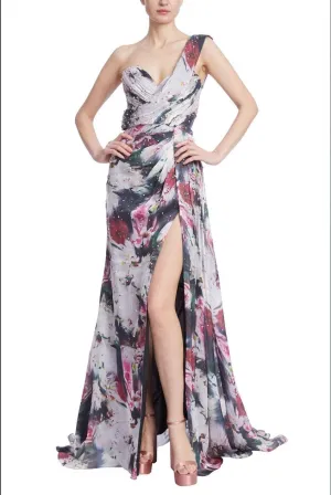 Badgley Mischka EG4089Beaded Floral One-Shoulder Front Slit Gown