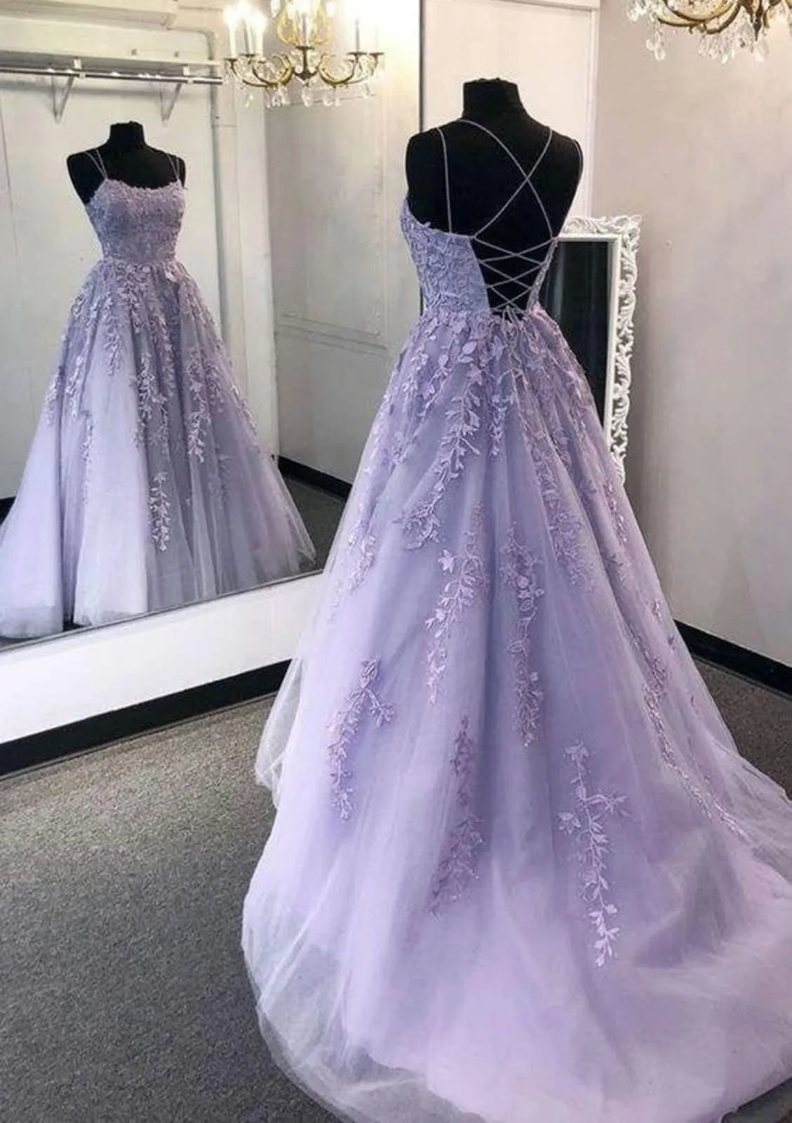 Ball Gown Lace Tulle Spaghetti Straps Crisscross Lace-up Court Train Prom Dress