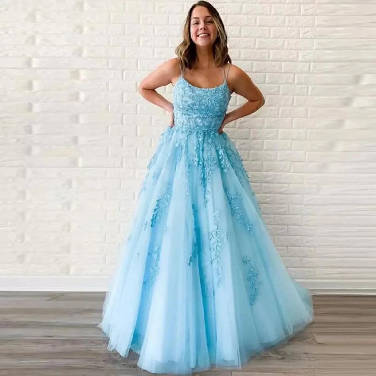 Ball Gown Lace Tulle Spaghetti Straps Crisscross Lace-up Court Train Prom Dress