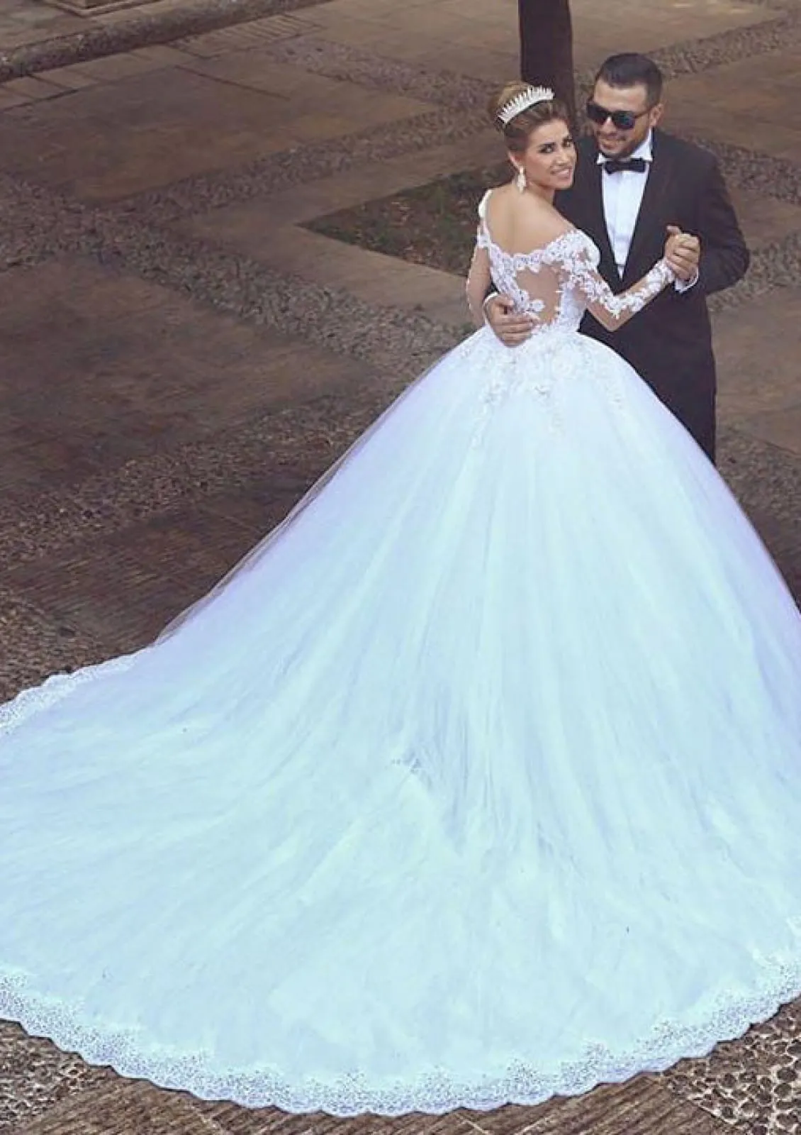 Ball Gown Long Sleeve Cathedral Lace Tulle Wedding Dress, Beaded