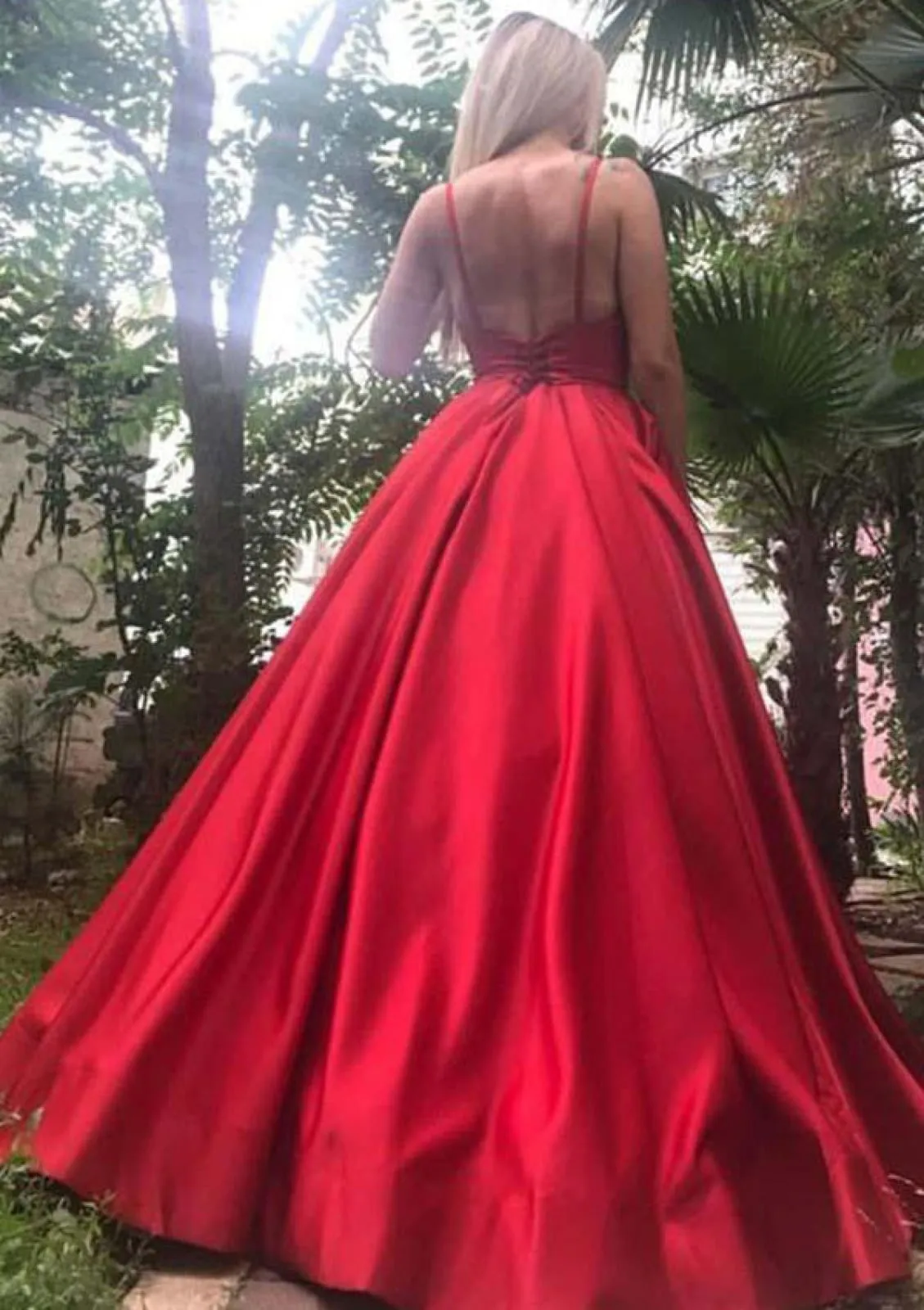 Ball Gown V Neck Spaghetti Strap Backless Long Royal Blue Satin Prom Party Gown