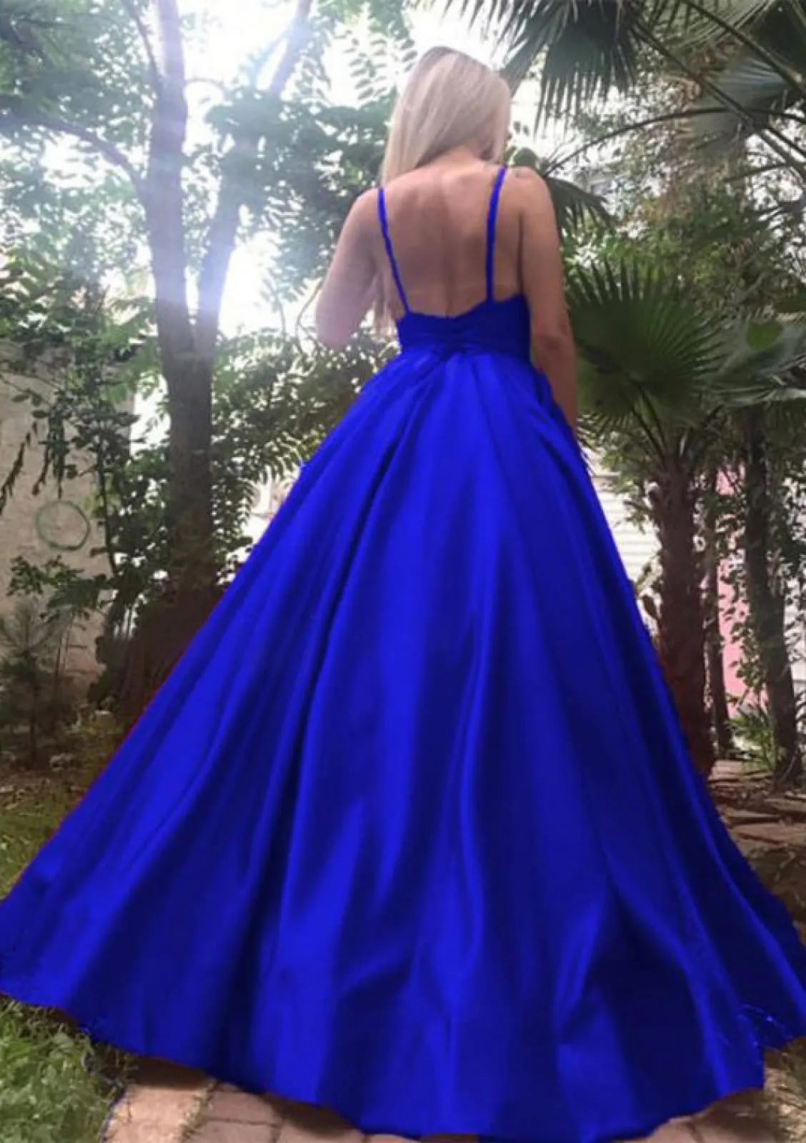 Ball Gown V Neck Spaghetti Strap Backless Long Royal Blue Satin Prom Party Gown
