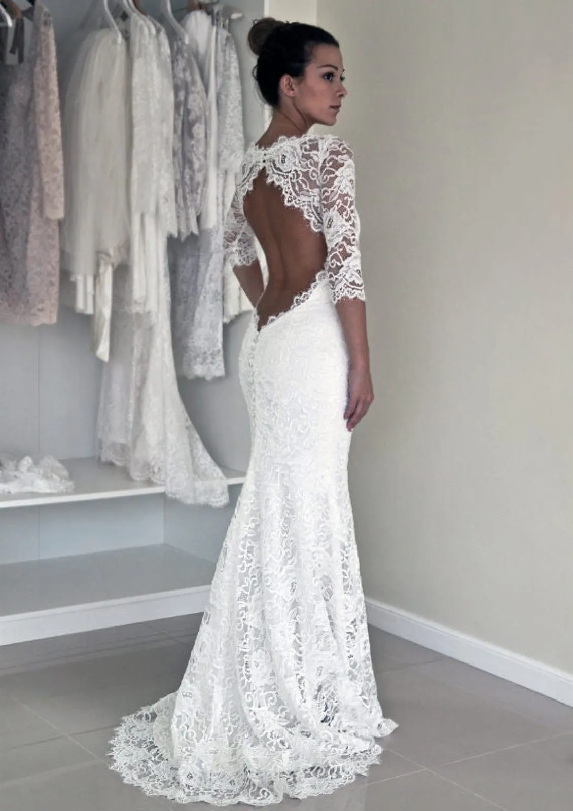 Bateau Keyhole Back Lace Sweep Train Column Wedding Dress