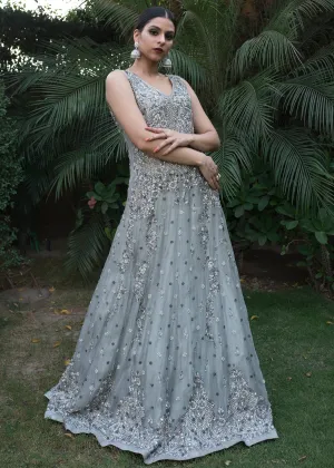 Beautiful gown dress embroidered with pearls in grey color # B3360