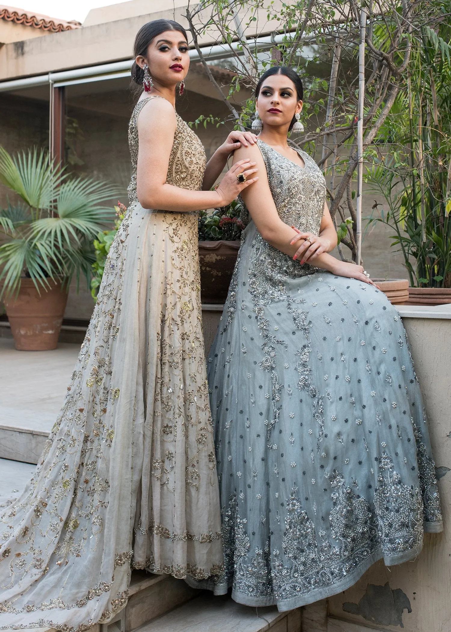 Beautiful gown dress embroidered with pearls in grey color # B3360