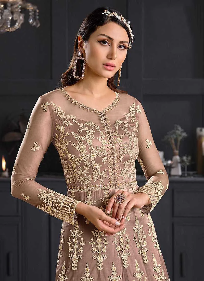 Beige and Gold Heavy Embroidered Kalidar Gown Style Anarkali