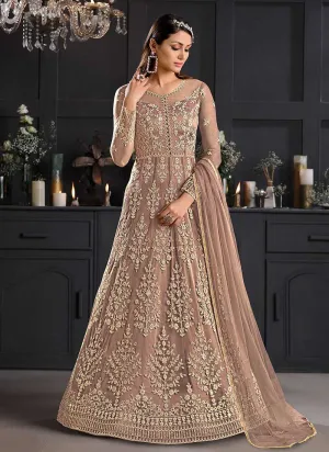 Beige and Gold Heavy Embroidered Kalidar Gown Style Anarkali
