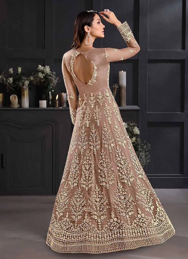Beige and Gold Heavy Embroidered Kalidar Gown Style Anarkali