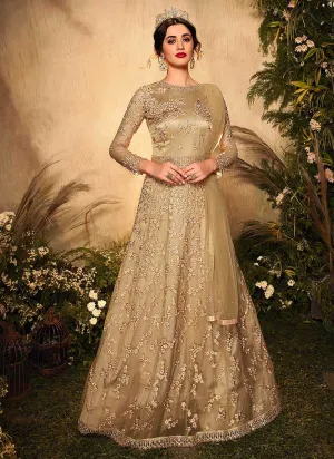 Beige Gold Heavy Embroidered Gown Style Anarkali Suit