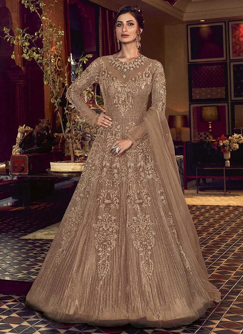 Beige Heavy Embroidered Gown Style Anarkali Suit