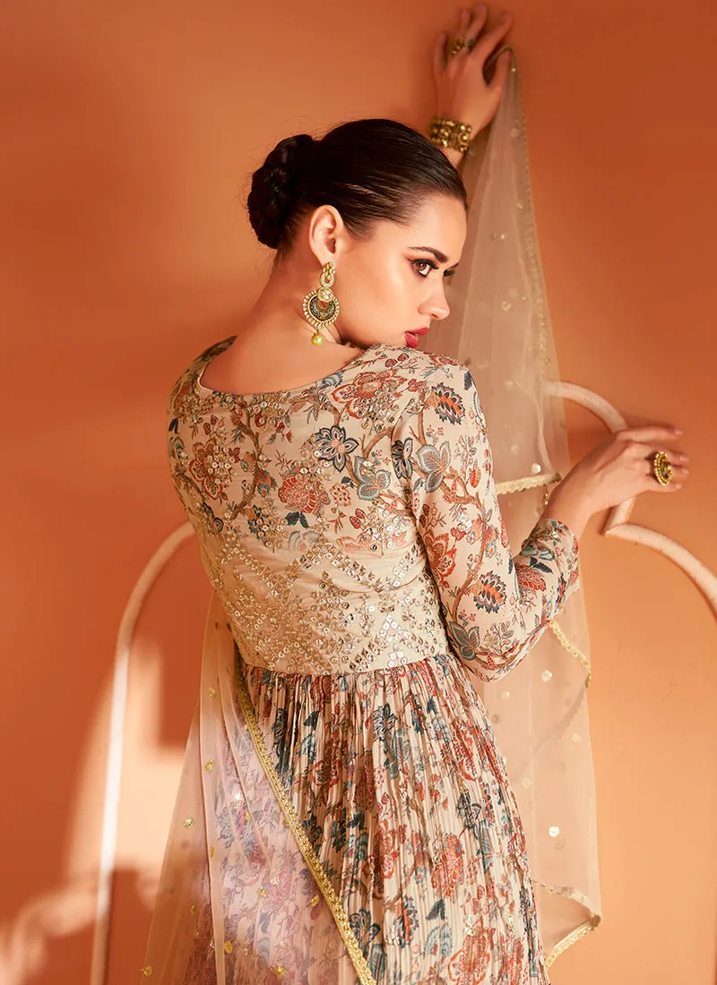 Beige Multi Colour Floral Embroidered Anarkali