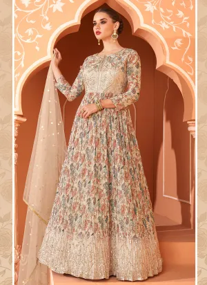 Beige Multi Colour Floral Embroidered Anarkali