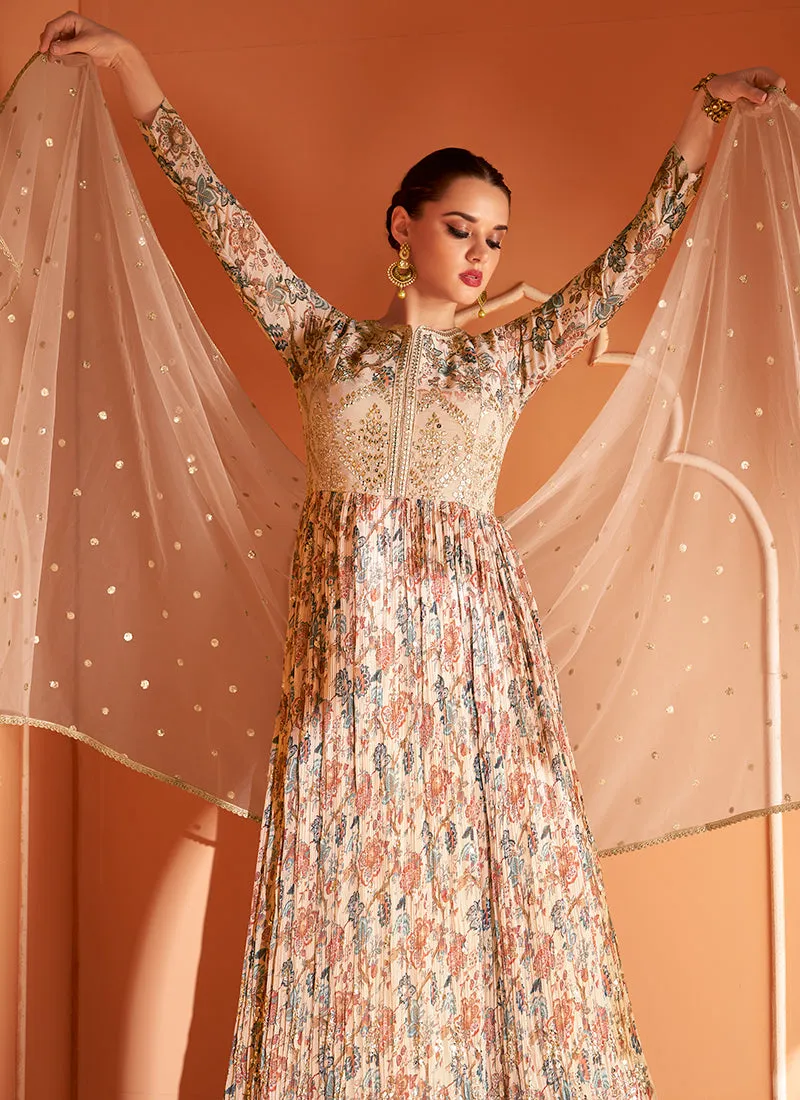 Beige Multi Colour Floral Embroidered Anarkali