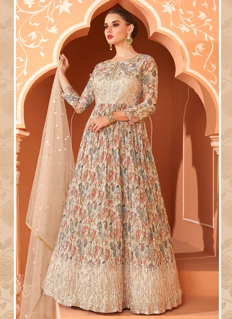 Beige Multi Colour Floral Embroidered Anarkali