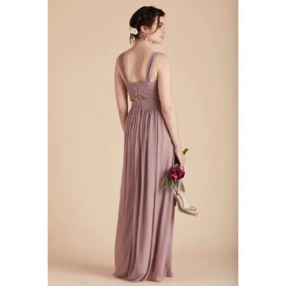 BIRDY Grey Elsye Bridesmaid Dress in Mauve Mesh Cutouts Maxi Gown Sz Small NWT