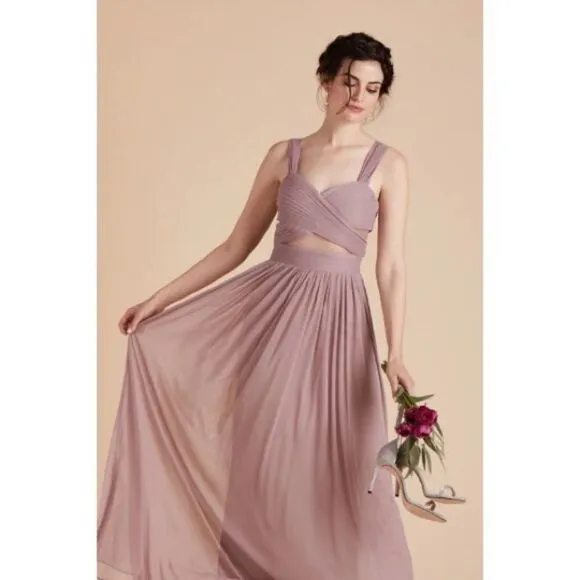 BIRDY Grey Elsye Bridesmaid Dress in Mauve Mesh Cutouts Maxi Gown Sz Small NWT