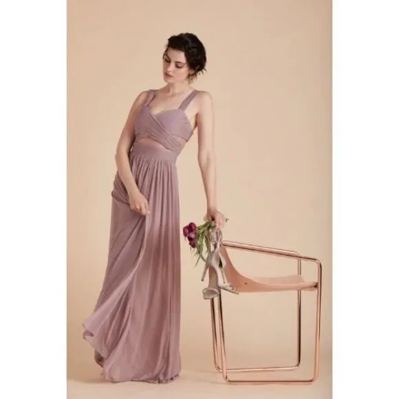 BIRDY Grey Elsye Bridesmaid Dress in Mauve Mesh Cutouts Maxi Gown Sz Small NWT