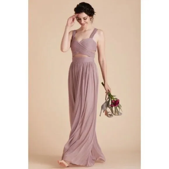 BIRDY Grey Elsye Bridesmaid Dress in Mauve Mesh Cutouts Maxi Gown Sz Small NWT