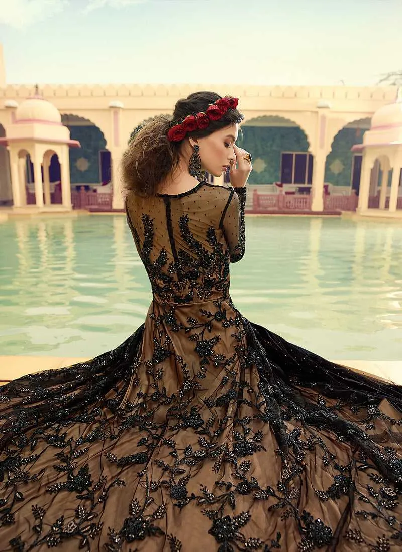 Black and Beige Embroidered Gown Style Anarkali Suit