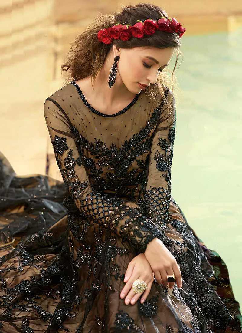 Black and Beige Embroidered Gown Style Anarkali Suit