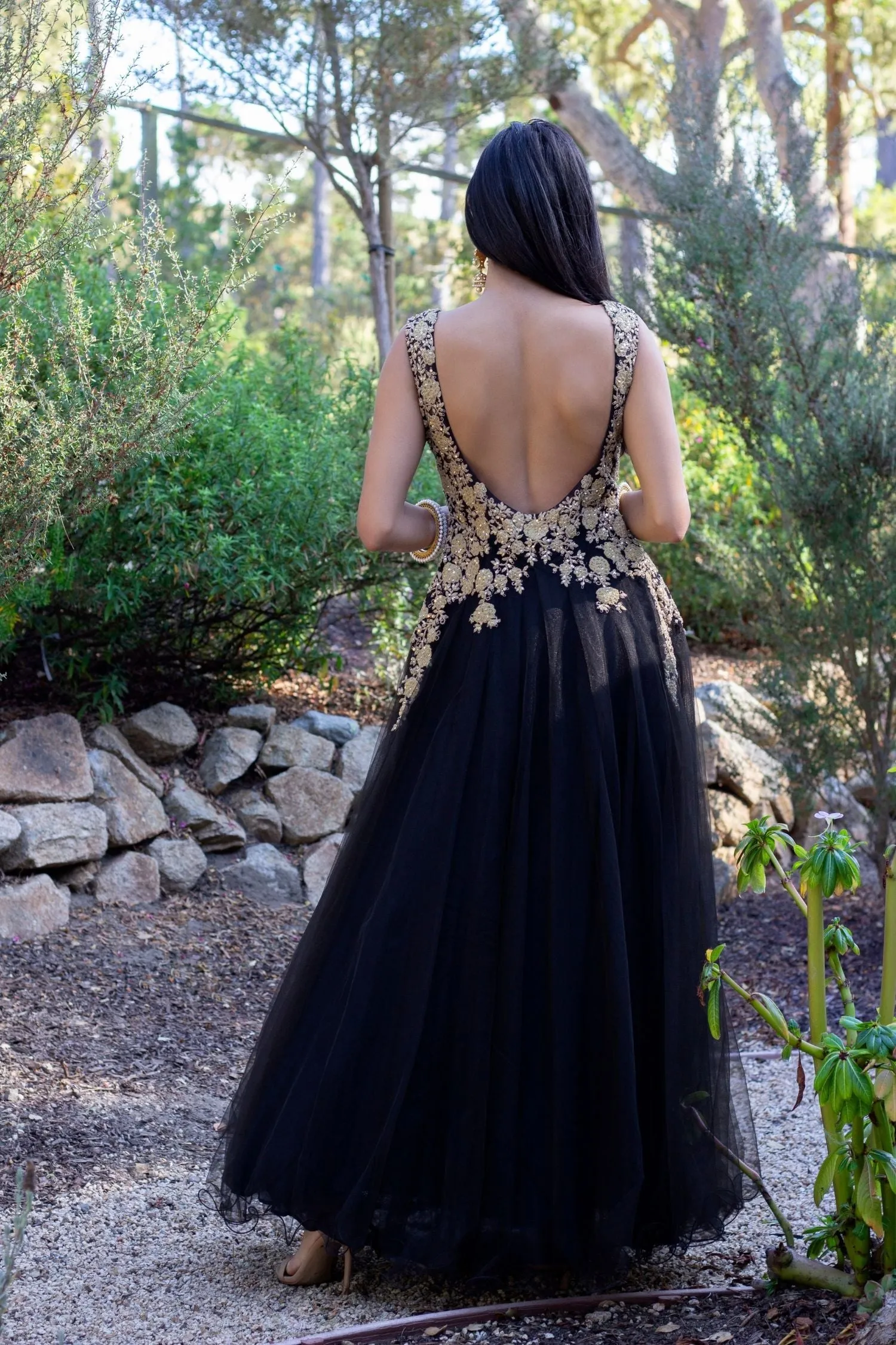 Black and Gold Embroidered Tulle Gown