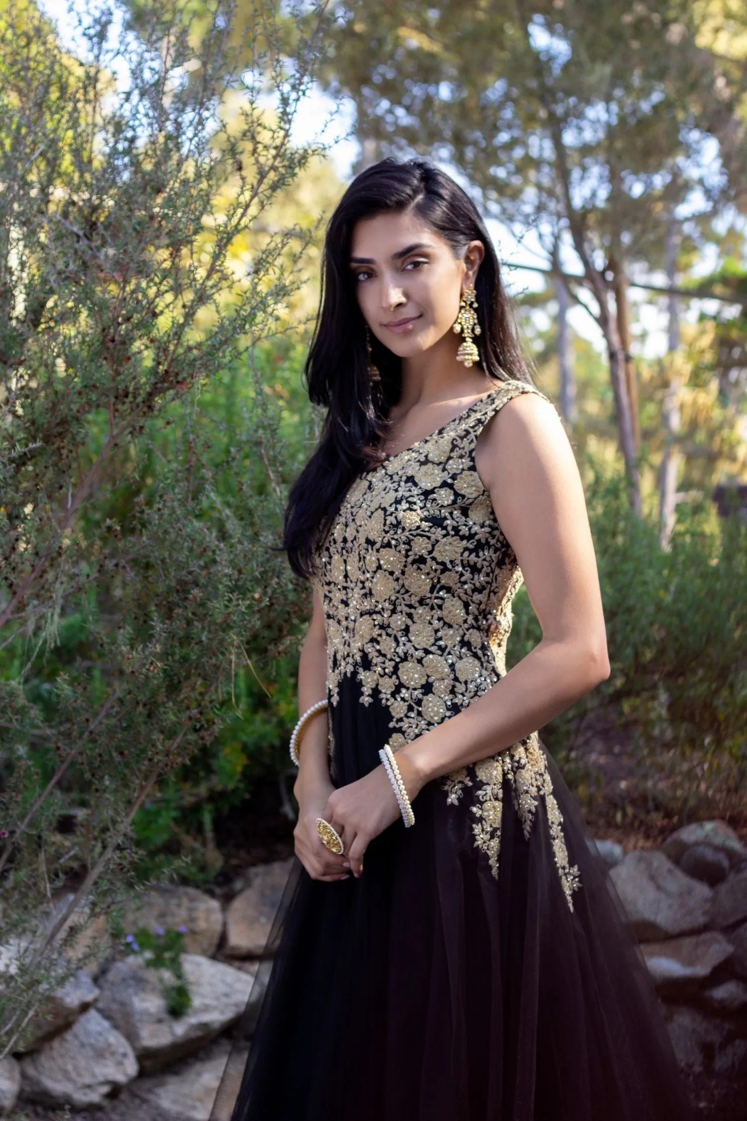 Black and Gold Embroidered Tulle Gown