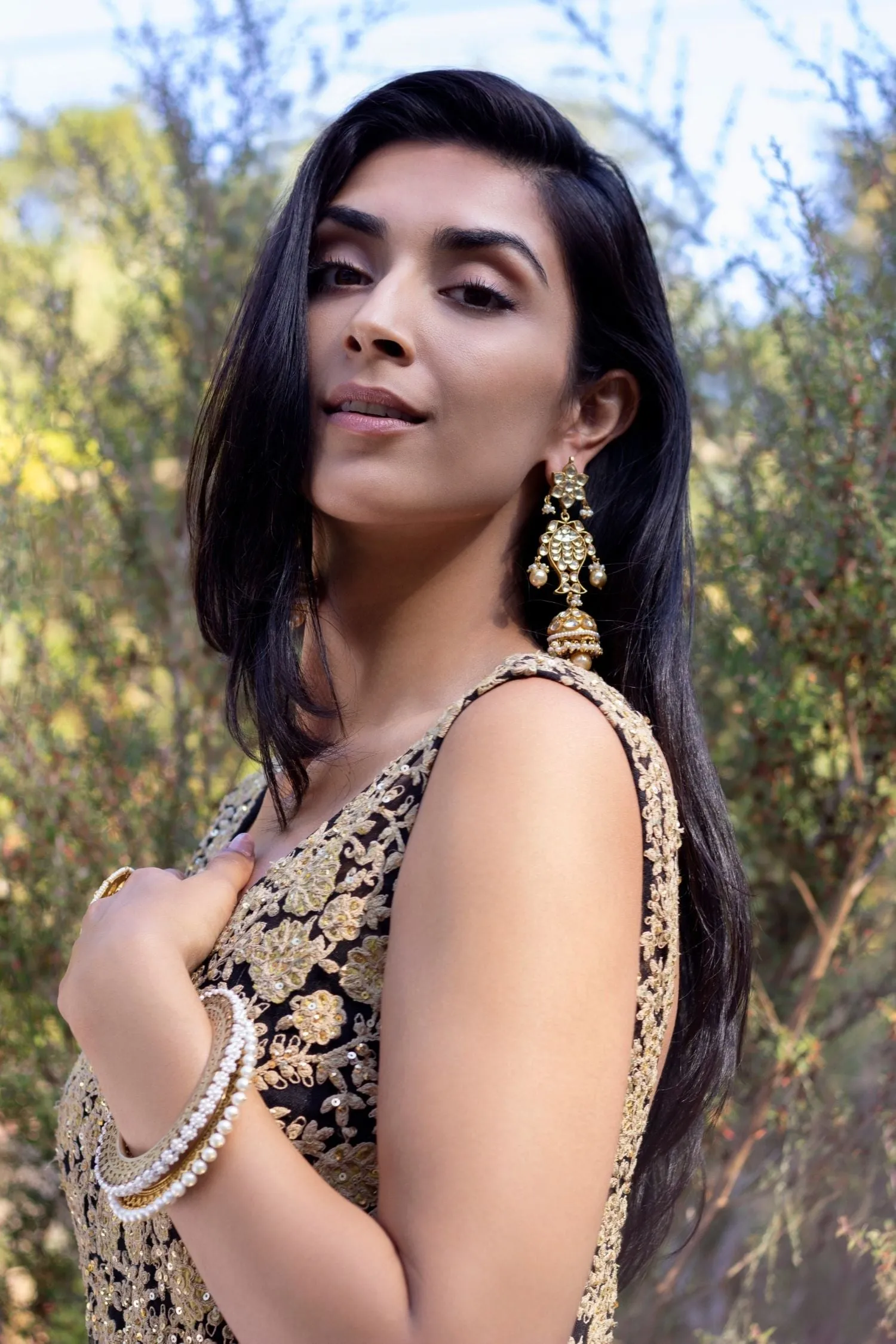 Black and Gold Embroidered Tulle Gown