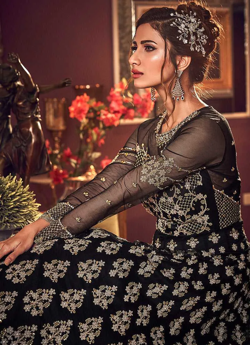 Black and Gold Heavy Embroidered Gown Style Anarkali Suit
