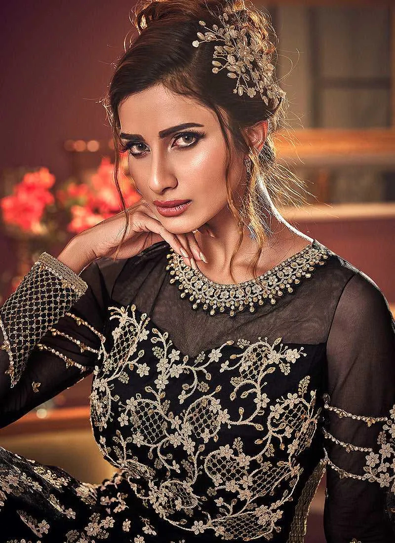 Black and Gold Heavy Embroidered Gown Style Anarkali Suit