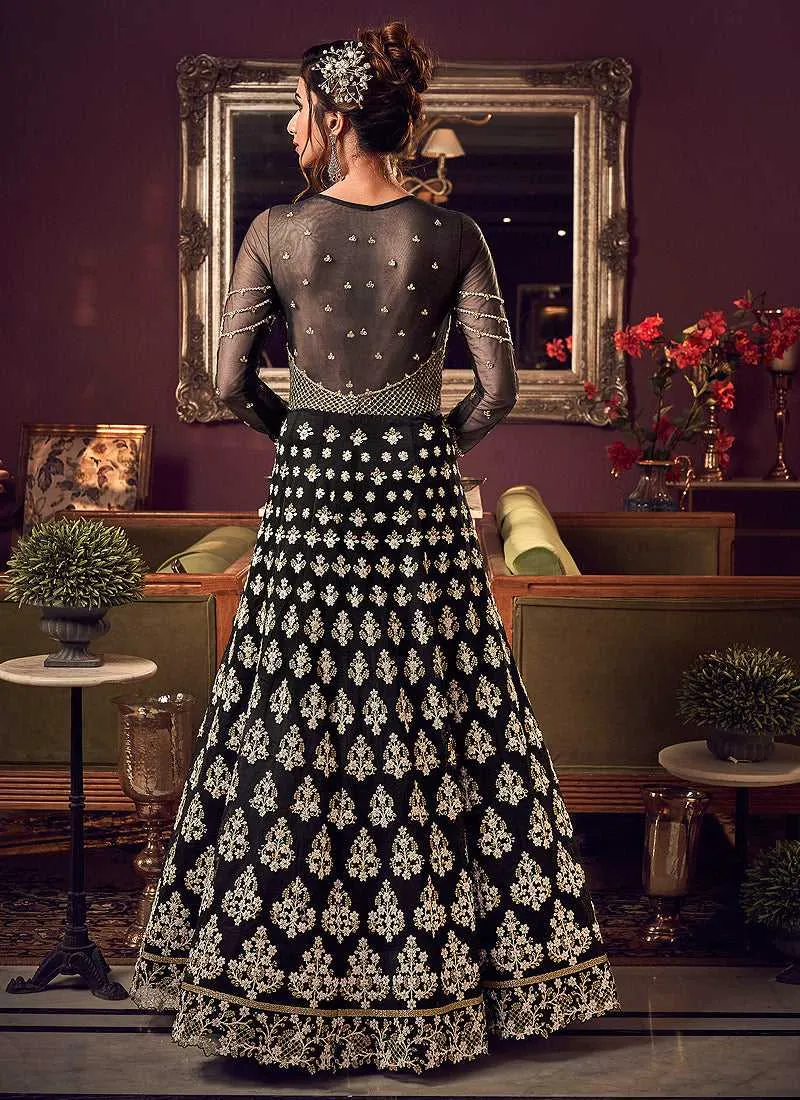 Black and Gold Heavy Embroidered Gown Style Anarkali Suit