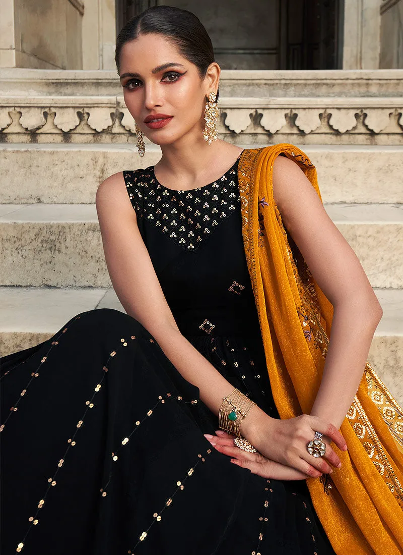 Black and Mustard Sequin Embroidered Anarkali