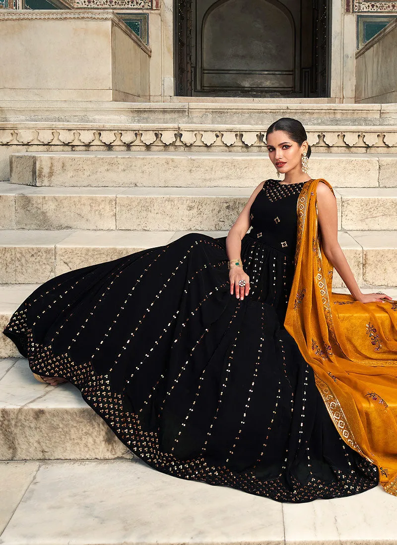 Black and Mustard Sequin Embroidered Anarkali