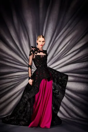 Black Floral Corset Peplum Gown with Train