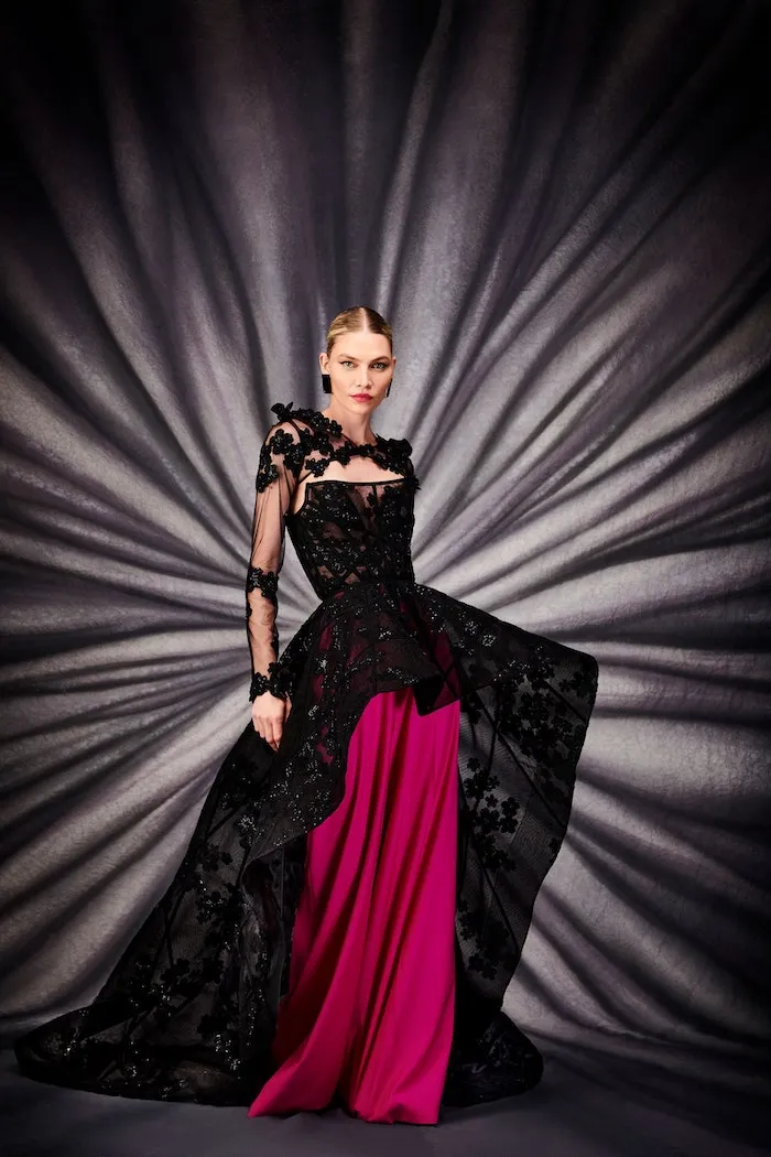 Black Floral Corset Peplum Gown with Train