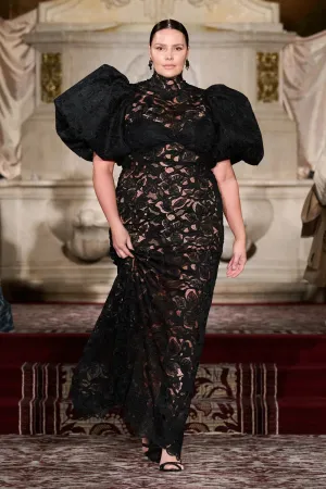 Black Lace Puff Sleeve Column Gown