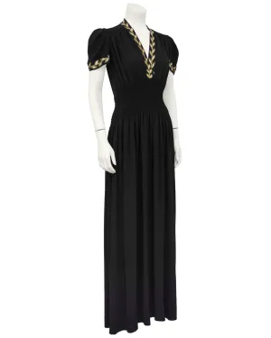 Black Moss Crepe and Gold Thread Evening Dress