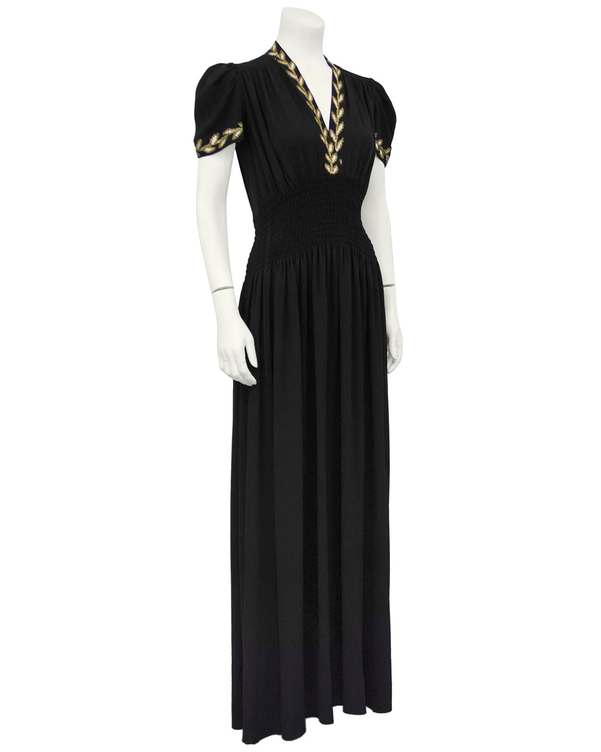 Black Moss Crepe and Gold Thread Evening Dress