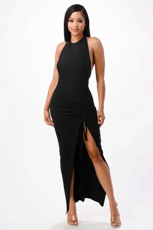 Black Open Back Maxi Halter Dress